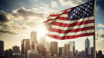 ai généré une puissant image de le américain drapeau agitant dans de face de une moderne ville horizon photo