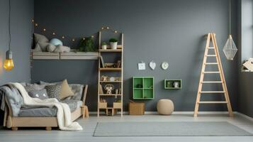 ai généré une confortable enfants pièce avec une gris accent mur, une en bois grenier lit avec une échelle photo