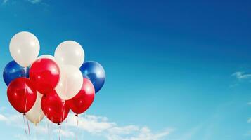 ai généré des ballons dans patriotique couleurs flottant contre une brillant bleu ciel photo