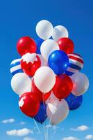 ai généré des ballons dans patriotique couleurs flottant contre une brillant bleu ciel photo