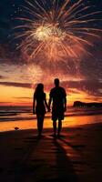 ai généré silhouette de une couple en marchant main dans main sur le plage avec feux d'artifice éclairage en haut le nuit ciel photo