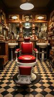 ai généré une ancien coiffeur boutique, Achevée avec classique rouge et blanc coiffeur pôle, cuir chaises photo