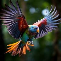 ai généré une coloré perroquet dans en plein vol, avec ses ailes propager large et ses plumes une arc en ciel de couleurs photo