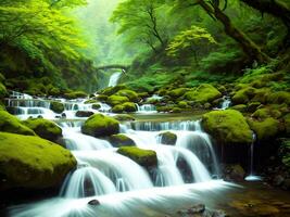 ai généré établi en utilisant génératif ai. paisible paysages. Conte de fée elfique forêt avec cascades et montagnes. photo