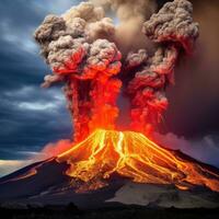 ai généré une volcan éclater dans une ardent afficher de fondu lave et cendre photo