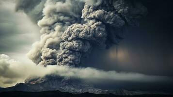 ai généré de mauvais augure des nuages de fumée et cendre cette onduler en dehors de une volcan pendant un éruption photo