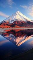 ai généré capture le serein beauté de une volcanique Montagne réfléchi dans une calme, clair comme de l'eau de roche Lac photo