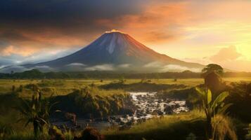 ai généré début votre journée avec un inspirante lever du soleil plus de une majestueux volcan photo