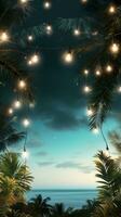 ai généré plage fête avec paume des arbres et lumière ampoule guirlandes. photo