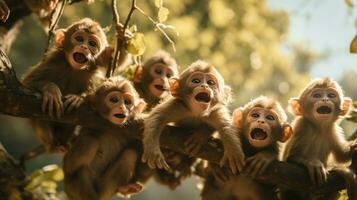 ai généré singes balançant de arbre à arbre, leur velu corps et longue queues création une animé scène photo