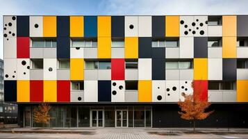 ai généré une audacieux et frappant coup de une moderne Bureau bâtiment avec une à motifs façade, photo