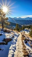 ai généré hiver randonnées dans le montagnes photo