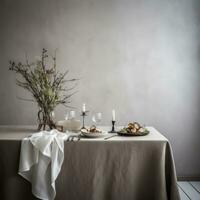 ai généré une blanc table installer dans une à manger pièce a une nappe de table photo