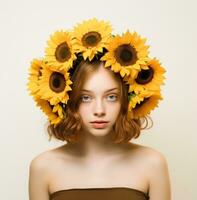 ai généré une Jeune fille couvert avec tournesols avec blanc Contexte couverture photo