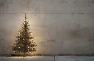 ai généré une petit Noël arbre avec lumières dans de face de un laid béton mur, photo