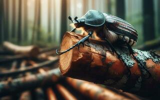 ai généré l'éléphant scarabée. le scarabée s'accroche à une branche dans le forêt. floue forêt Contexte photo