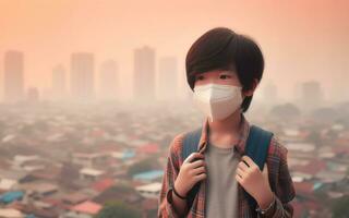 ai généré garçon portant une masque à prévenir toxines dans le Capitale lequel est plein de smog pm2,5 et lourd les métaux dans le air photo