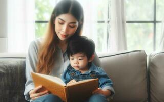 ai généré mère et fille lis une livre sur le canapé mère raconte une récit à sa enfant enseignement les enfants à lis famille chaleur photo