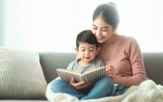 ai généré mère et fille lis une livre sur le canapé mère raconte une récit à sa enfant enseignement les enfants à lis famille chaleur photo