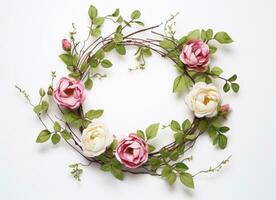 ai généré une floral couronne avec rose des roses et vert feuilles sur blanc Contexte photo