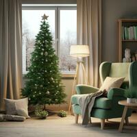 ai généré une famille pièce avec une petit Noël arbre et une vert chaise photo