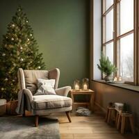 ai généré une famille pièce avec une petit Noël arbre et une vert chaise photo