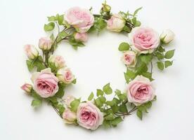 ai généré une floral couronne avec rose des roses et vert feuilles sur blanc Contexte photo