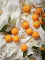 ai généré huit mandarines sur blanc chiffon, avec vert feuilles, tous les jours éphémère, biologique Matériel photo