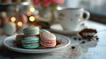 ai généré copie espace avec Stock de macarons dessert sur blanc assiette photo