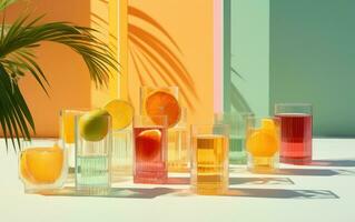 ai généré une verre plein de différent jus séance sur Haut de une table photo