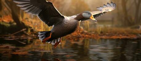 ai généré une magnifique gris canard mouches près une étang photo