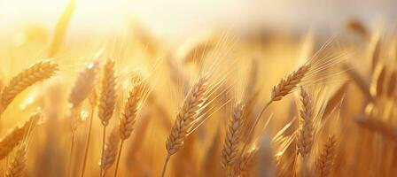 ai généré proche en haut de blanc blé tiges sur une champ de grain à le coucher du soleil photo