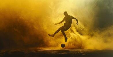 ai généré une homme est sauter plus de une football Balle et là est fumée photo