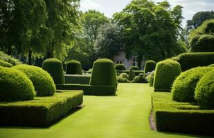 ai généré une pelouse avec une jardin zone plein de les haies et des arbres photo