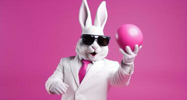 ai généré Pâques lapin Masculin dans des lunettes de soleil en portant Pâques Oeuf avec gant photo