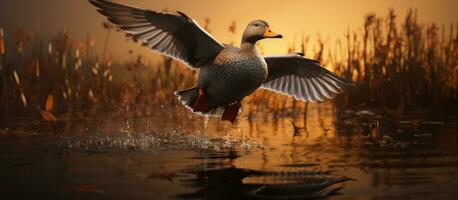 ai généré une magnifique gris canard mouches près une étang photo