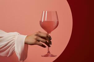 ai généré une femme saisir une rouge du vin verre sur une rose surface photo