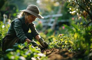 ai généré une femme dans jardinage gants labour les plantes photo