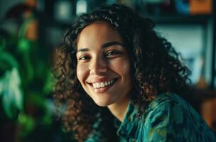 ai généré content femme souriant dans Bureau photo