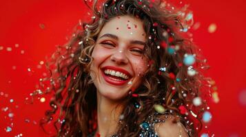 ai généré attrayant Jeune femme souriant avec confettis dans sa cheveux contre rouge Contexte photo