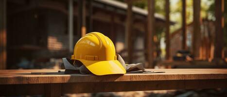 ai généré un Jaune construction difficile chapeau sur une en bois banc photo