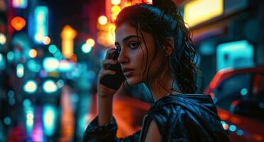 ai généré portrait de une femme parlant sur une cellule téléphone dans le la nuit photo