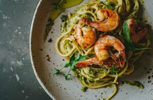 ai généré crevette et Pesto spaghetti sur une blanc assiette photo