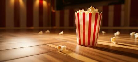 ai généré pop corn dans une sac dans le centre de une marron sol photo