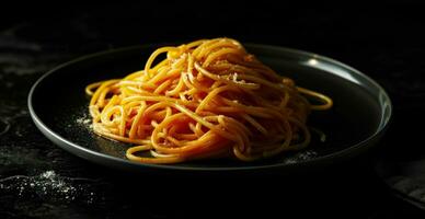 ai généré spaghetti sur une assiette sur noir Contexte photo