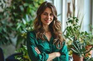 ai généré souriant femme dans vert chemisier avec bras franchi dans Bureau photo