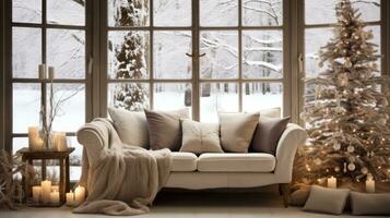 ai généré traditionnel Noël décor élégant intérieur style avec le nordique hiver jardin, photo