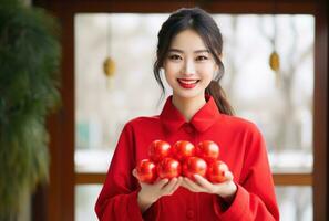 ai généré femmes dans chinois rouge Vêtements en portant le Nouveau année des balles photo