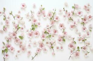 ai généré beaucoup de rose fleurs et feuilles sur une blanc surface photo