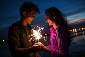 ai généré une Jeune couple en portant cierges magiques sur une plage à le coucher du soleil. photo